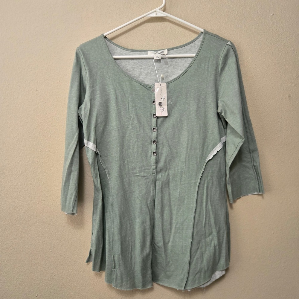 Simply Noelle Sage Green Cotton Henley Crochet Back Top XS NWT